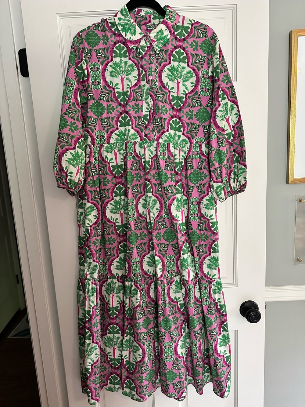 Maeve Pink, Green and White Floral Button-Front Maxi Dress